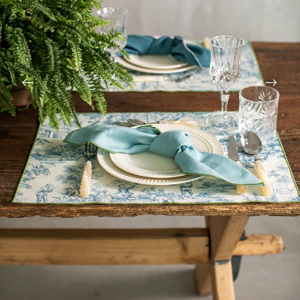 TOILE DE JOUY ANTISTAIN COTTON PLACEMATS SET OF 2 - BLU/FERN (2 SIZES)